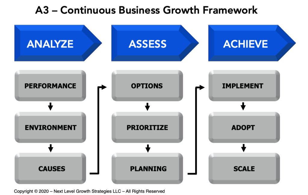 Diagram of the three phase A3 Continuous Growth Framework